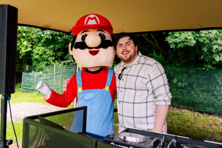 Cartoon characters and resident DJ Ciaran Bennett at Gracy's BBQ and Beats. BBQ, live music, DJ's, free face painting, circus performers, magician Westport.